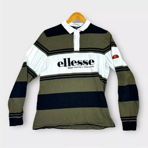 Ellesse Long Sleeve Rugby Polo Shirt Mens Medium Green Blue Striped Sport Wear